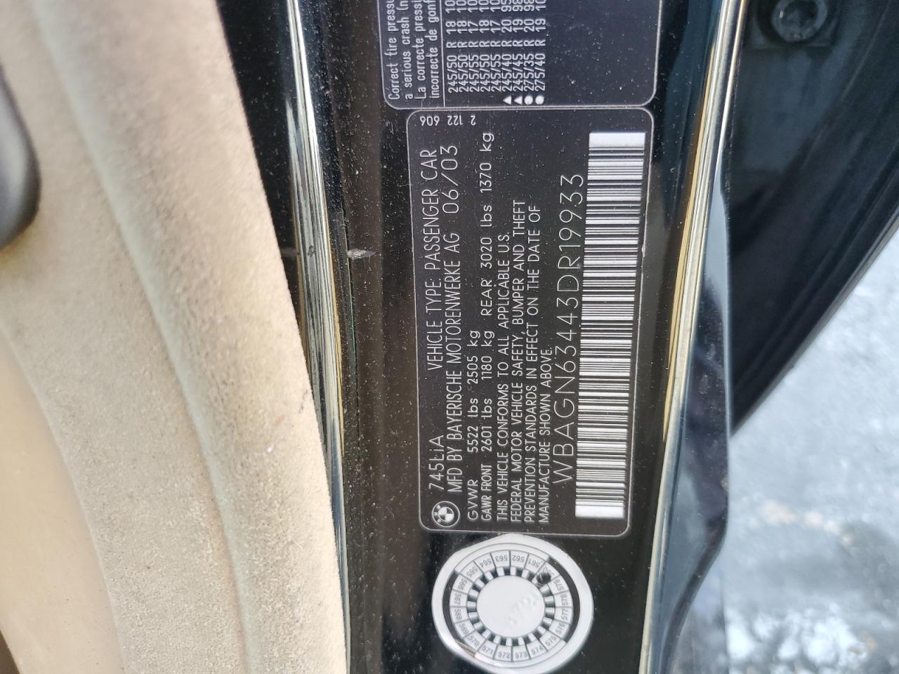 2003 BMW 745 Li VIN: WBAGN63443DR19933 Lot: 56068055
