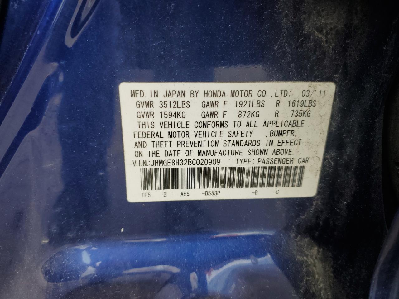 2011 Honda Fit VIN: JHMGE8H32BC020909 Lot: 56850085
