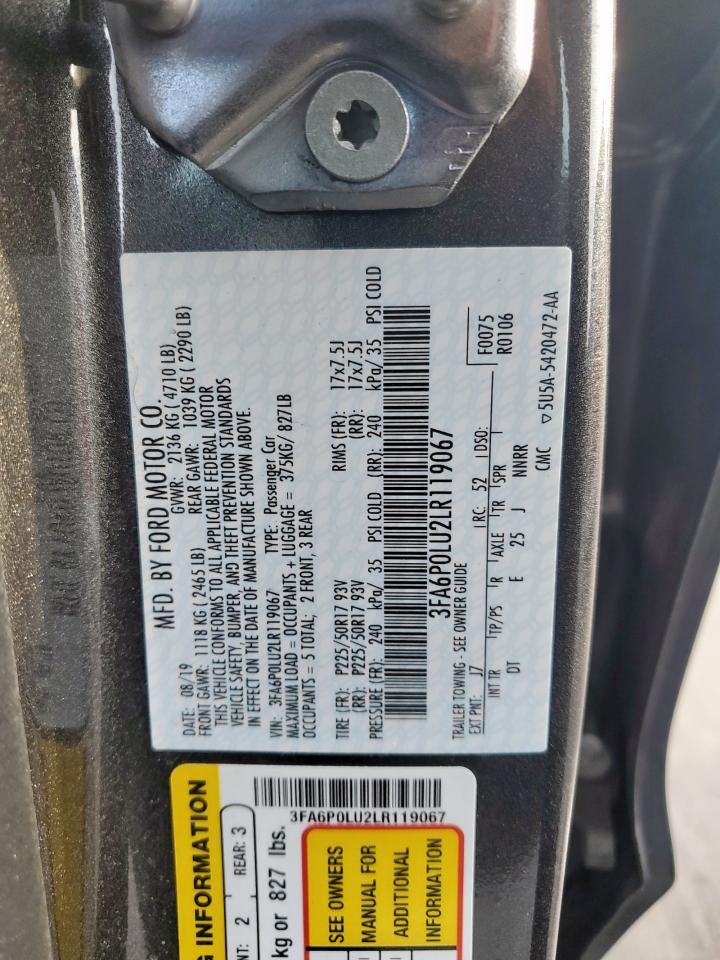 2020 Ford Fusion Se VIN: 3FA6P0LU2LR119067 Lot: 57235765