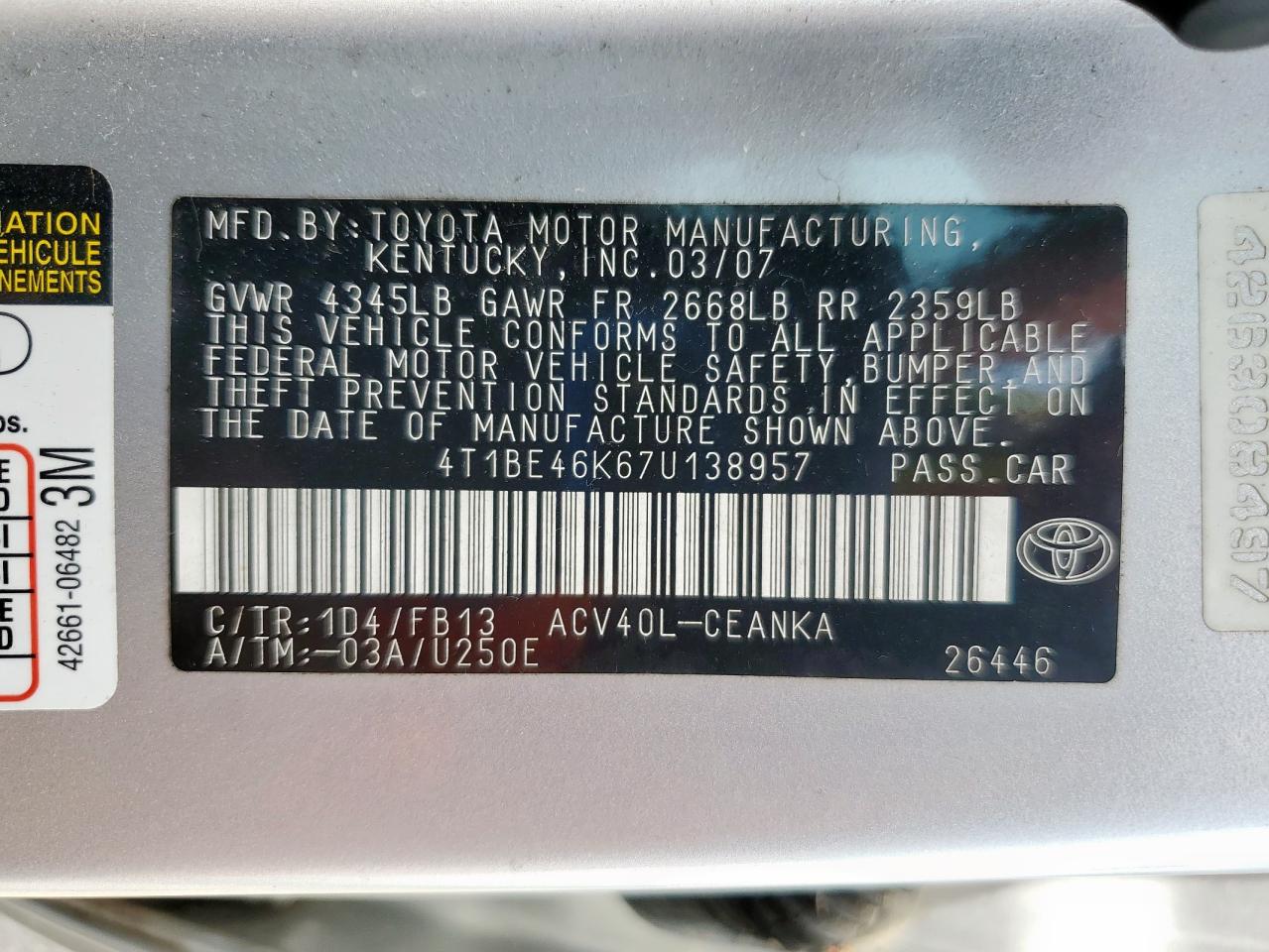 2007 Toyota Camry Ce VIN: 4T1BE46K67U138957 Lot: 57686665