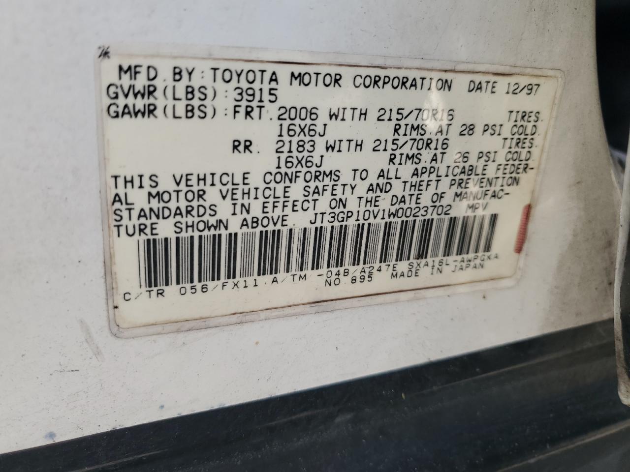 1998 Toyota Rav4 VIN: JT3GP10V1W0023702 Lot: 55964195