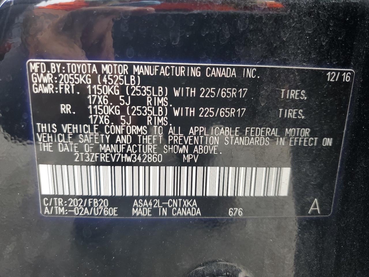 2017 Toyota Rav4 Le VIN: 2T3ZFREV7HW342860 Lot: 57184565
