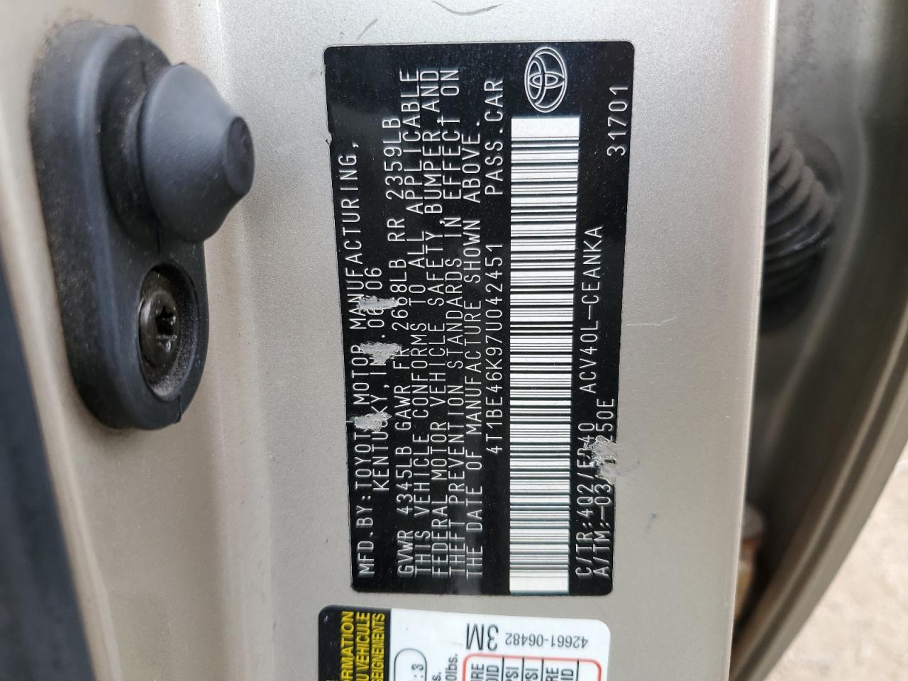 2007 Toyota Camry Ce VIN: 4T1BE46K97U042451 Lot: 56094135
