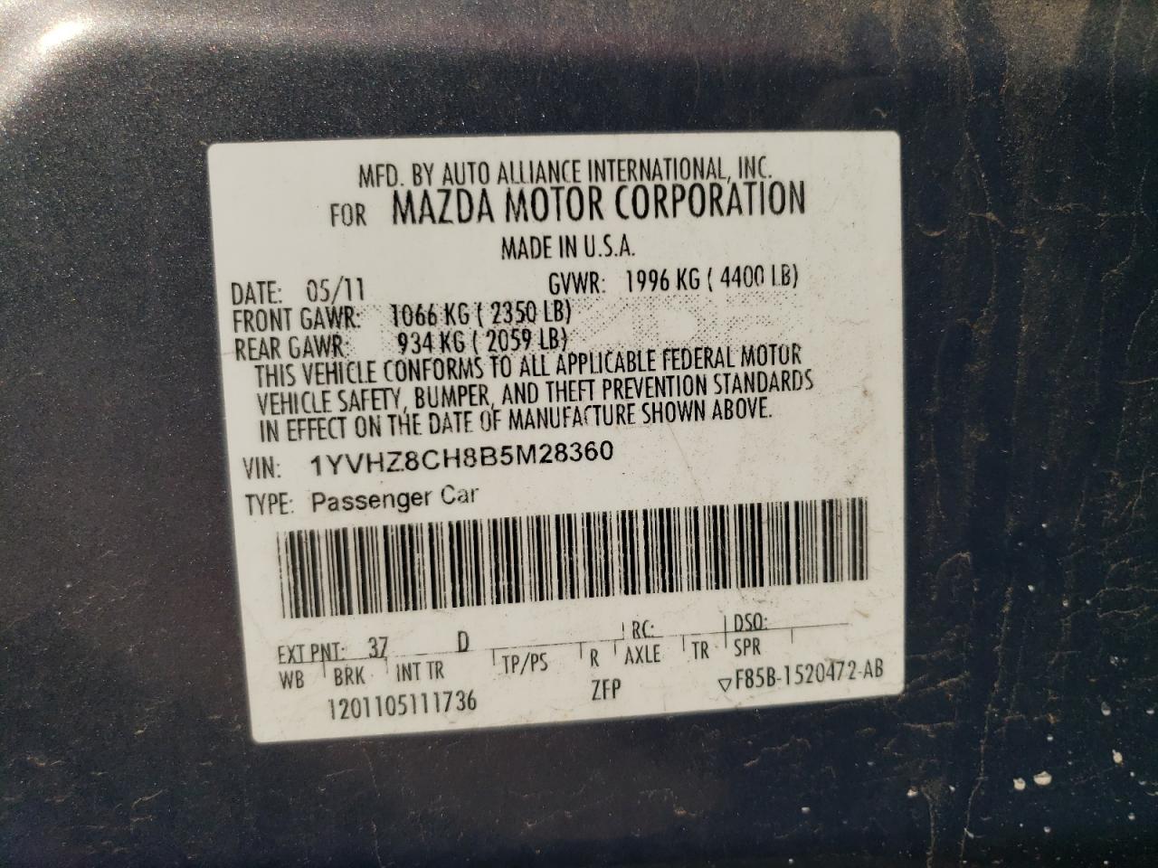 2011 Mazda 6 I VIN: 1YVHZ8CH8B5M28360 Lot: 56954315