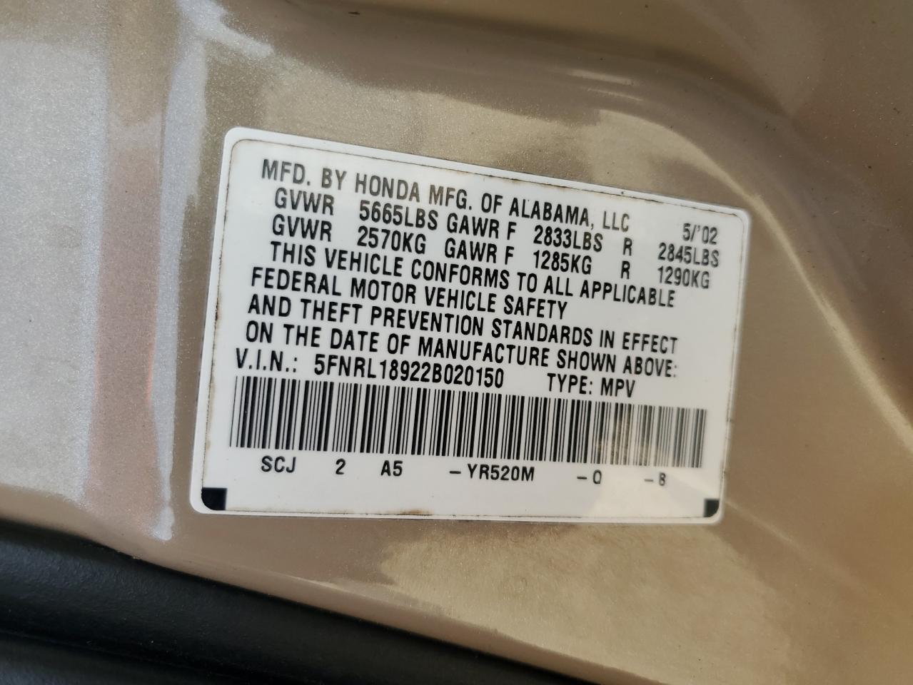 2002 Honda Odyssey Exl VIN: 5FNRL18922B020150 Lot: 57153035