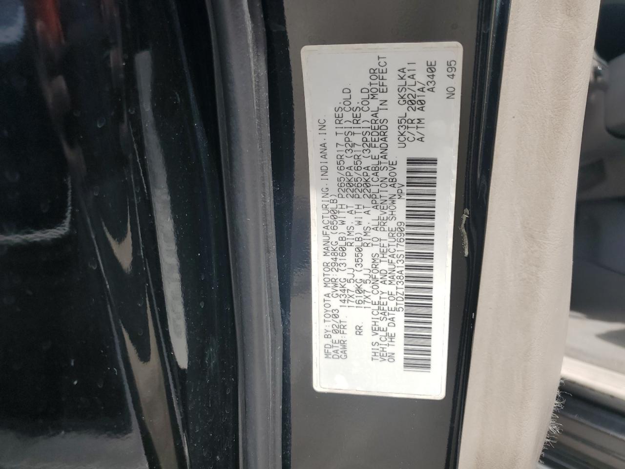 2003 Toyota Sequoia Limited VIN: 5TDZT38A13S176909 Lot: 55224585