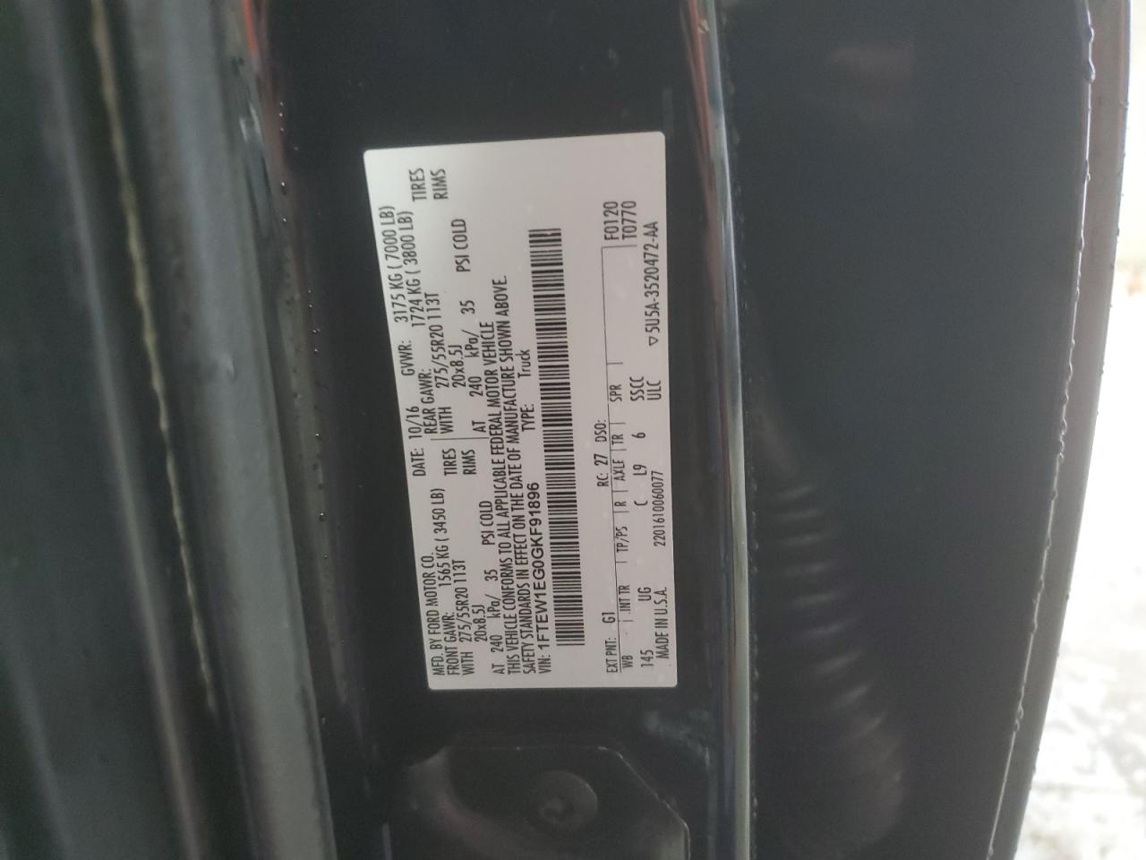 2016 Ford F150 Supercrew VIN: 1FTEW1EG0GKF91896 Lot: 56641635