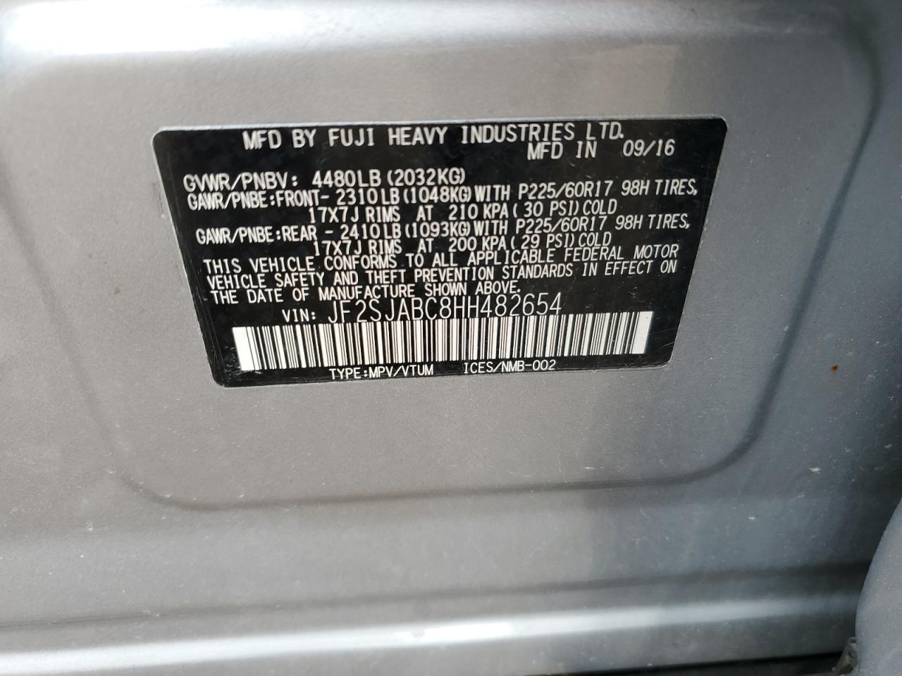 2017 Subaru Forester 2.5I VIN: JF2SJABC8HH482654 Lot: 56379005