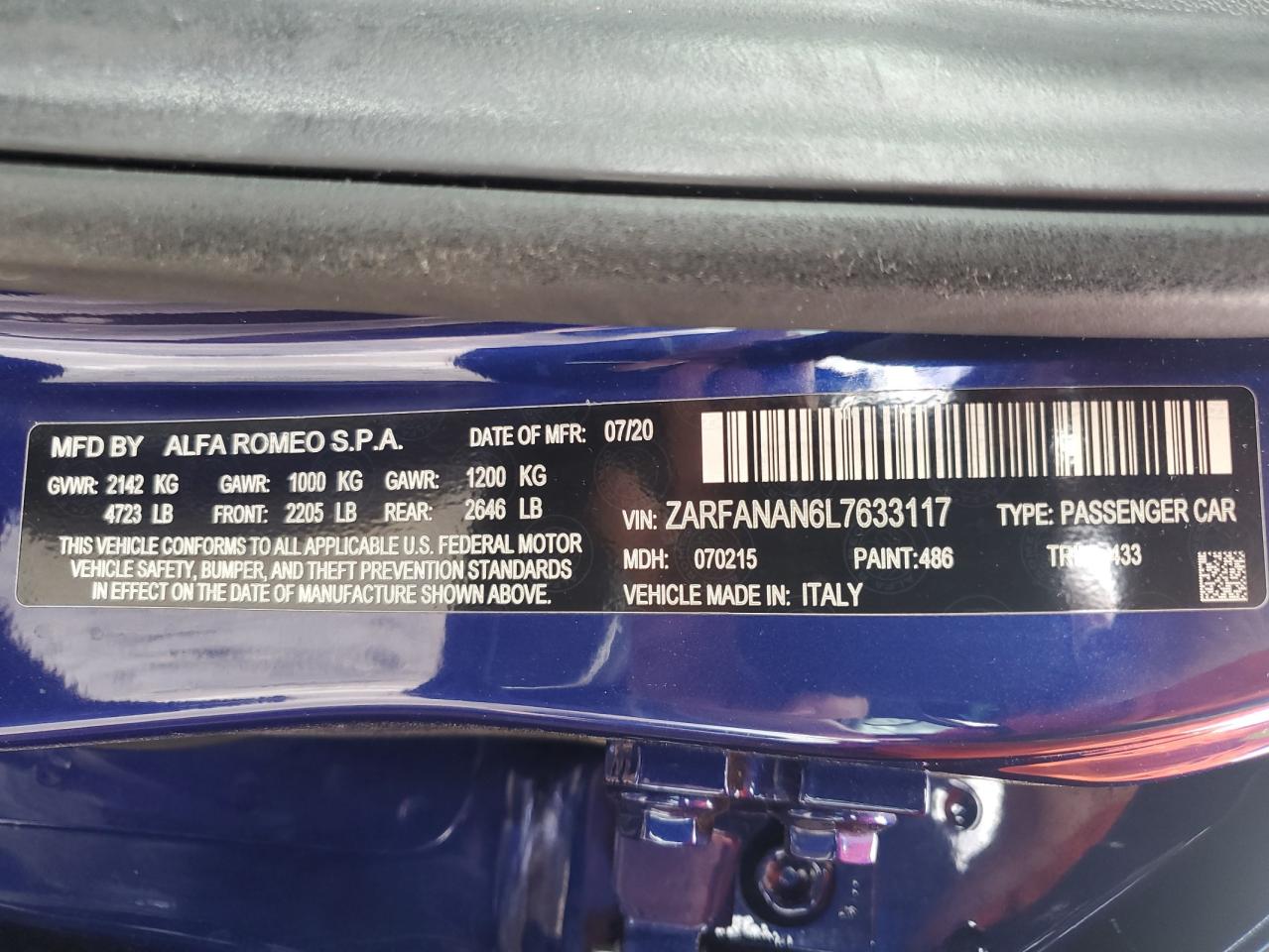 2020 Alfa Romeo Giulia VIN: ZARFANAN6L7633117 Lot: 56212575