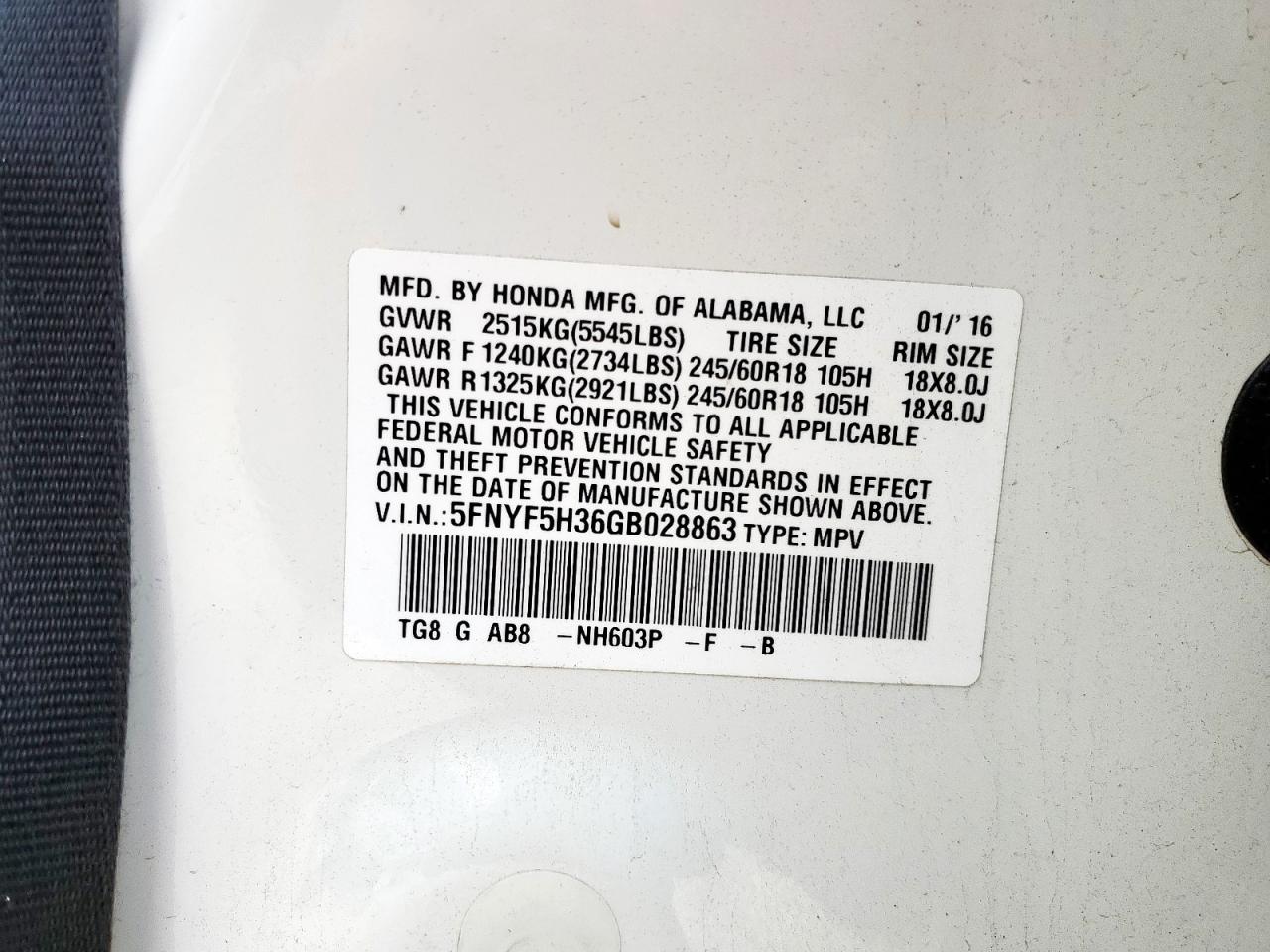 2016 Honda Pilot Ex VIN: 5FNYF5H36GB028863 Lot: 56226935