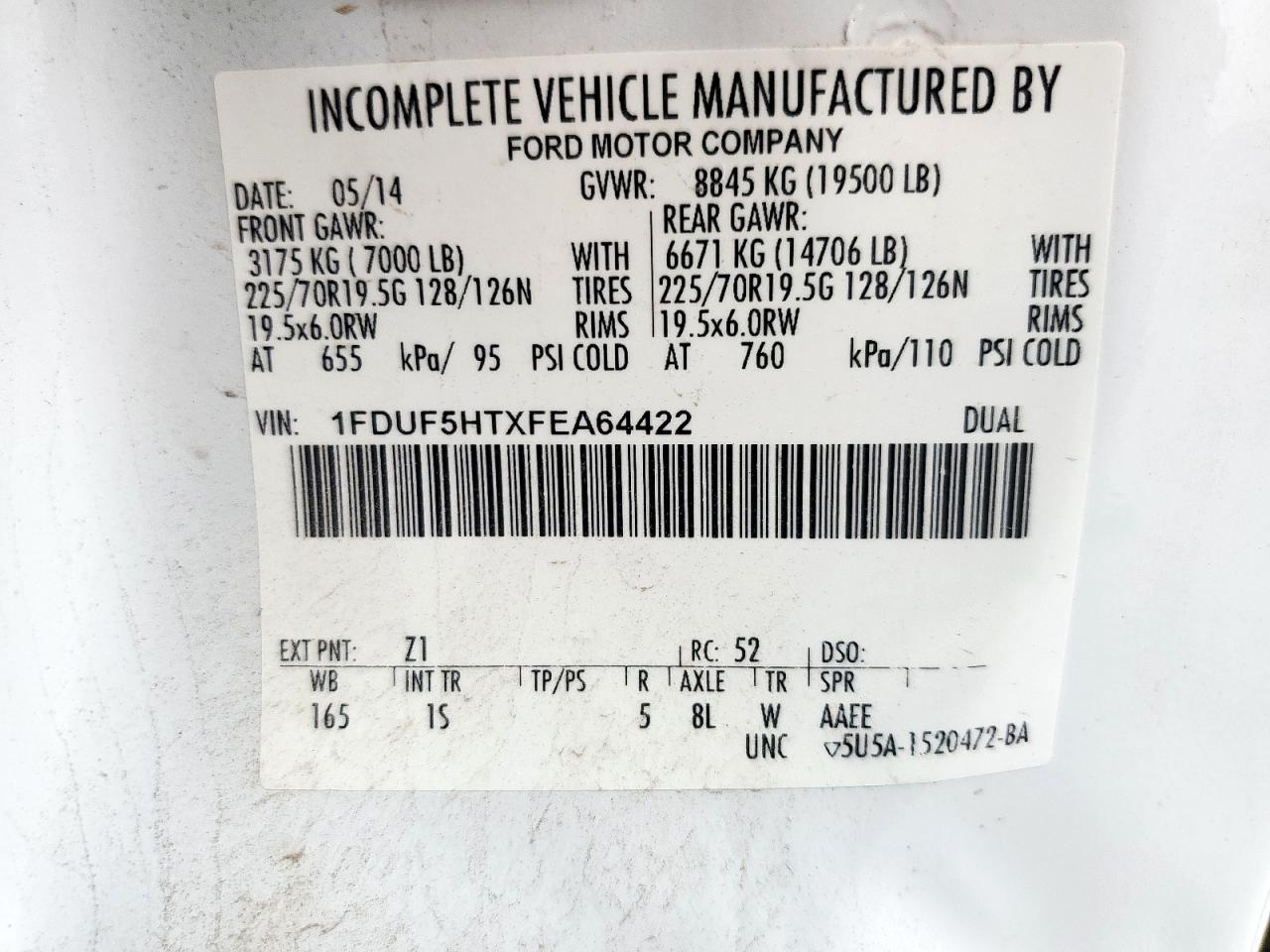 2015 Ford F550 Super Duty VIN: 1FDUF5HTXFEA64422 Lot: 53686525