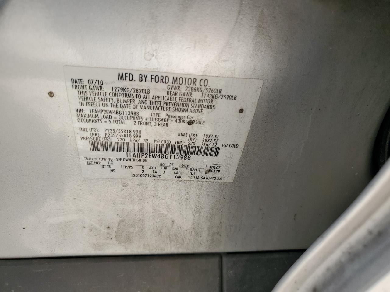 2011 Ford Taurus Sel VIN: 1FAHP2EW4BG113988 Lot: 57889225
