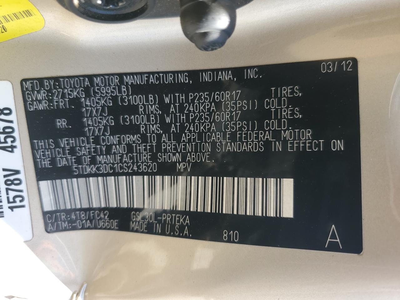 2012 Toyota Sienna Le VIN: 5TDKK3DC1CS243620 Lot: 56603945