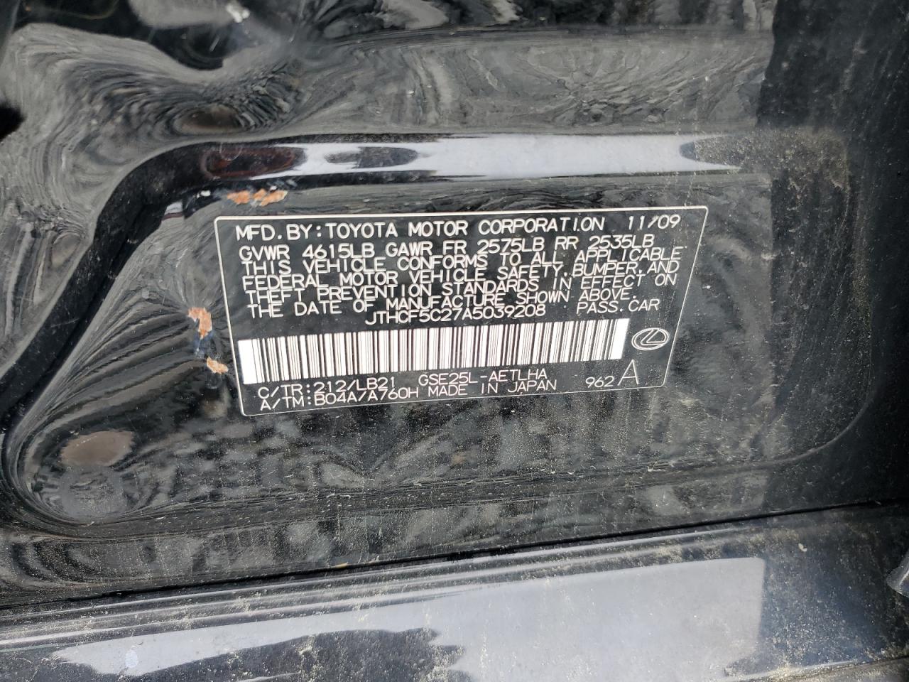 2010 Lexus Is 250 VIN: JTHCF5C27A5039208 Lot: 57309985