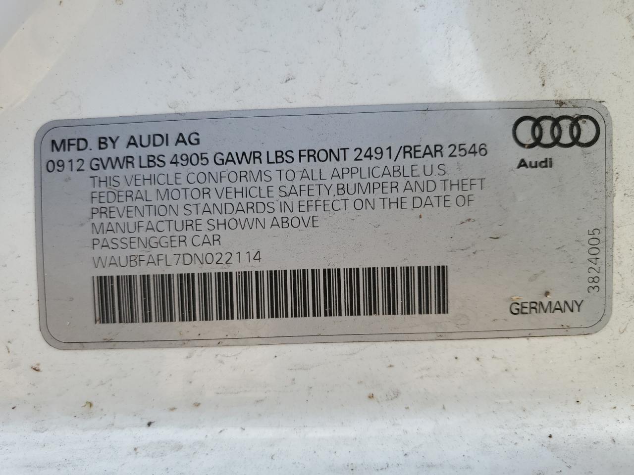 2013 Audi A4 Premium VIN: WAUBFAFL7DN022114 Lot: 56313855