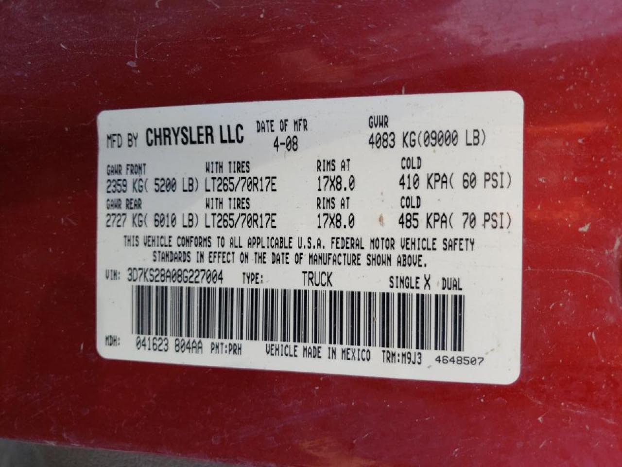 2008 Dodge Ram 2500 St VIN: 3D7KS28A08G227004 Lot: 62720824