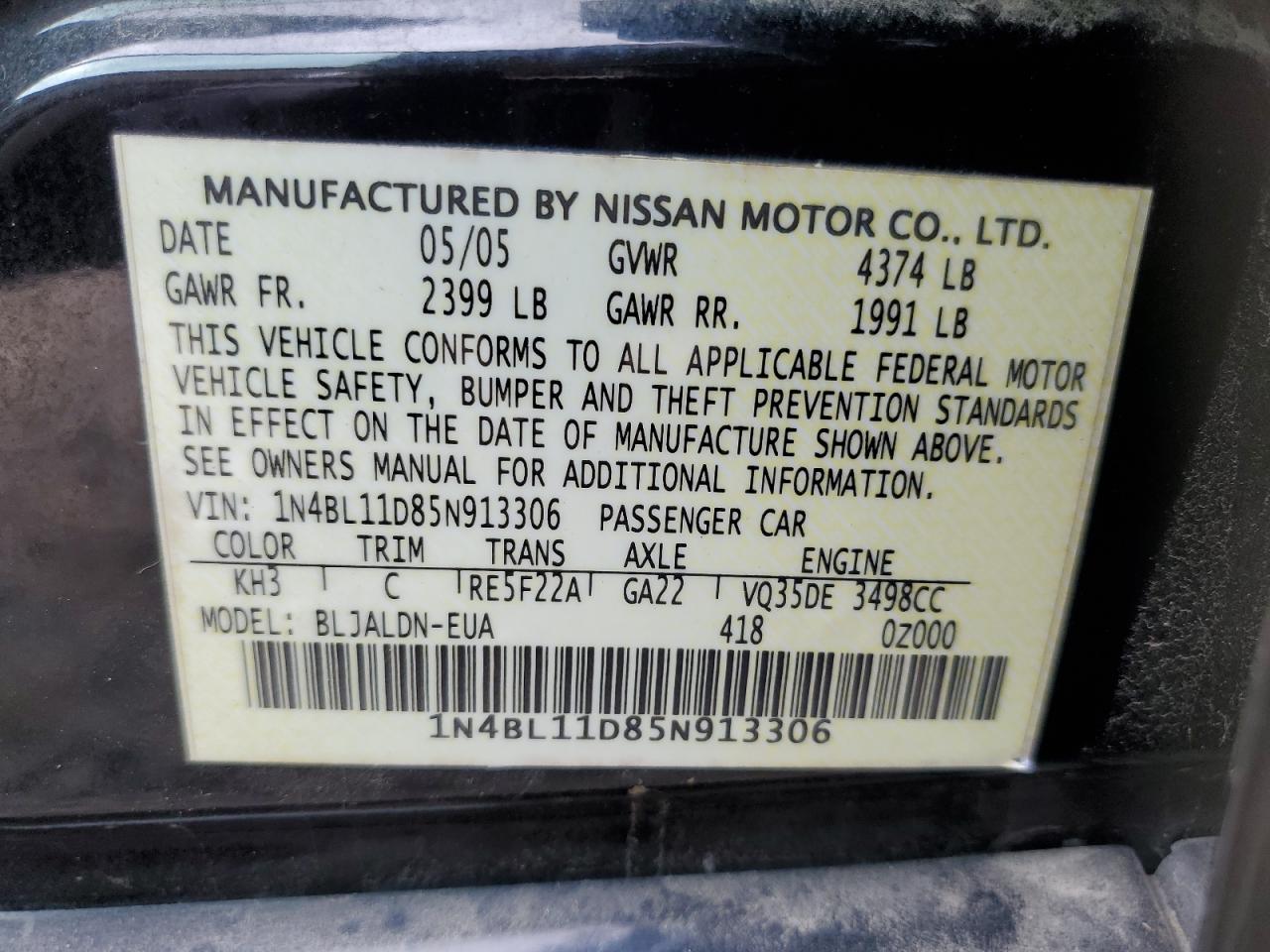 2005 Nissan Altima Se VIN: 1N4BL11D85N913306 Lot: 55780295