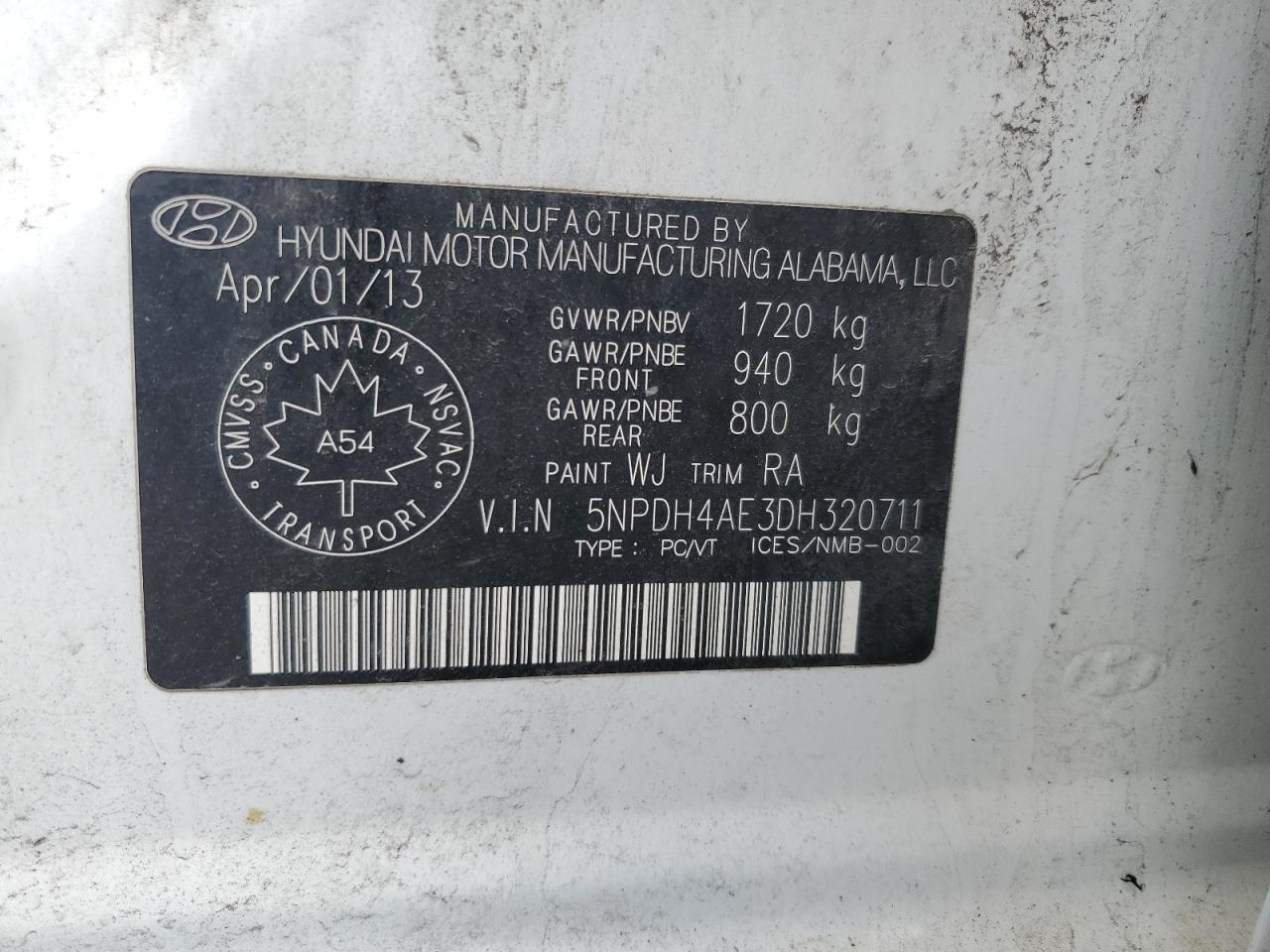 2013 Hyundai Elantra Gls VIN: 5NPDH4AE3DH320711 Lot: 56982805