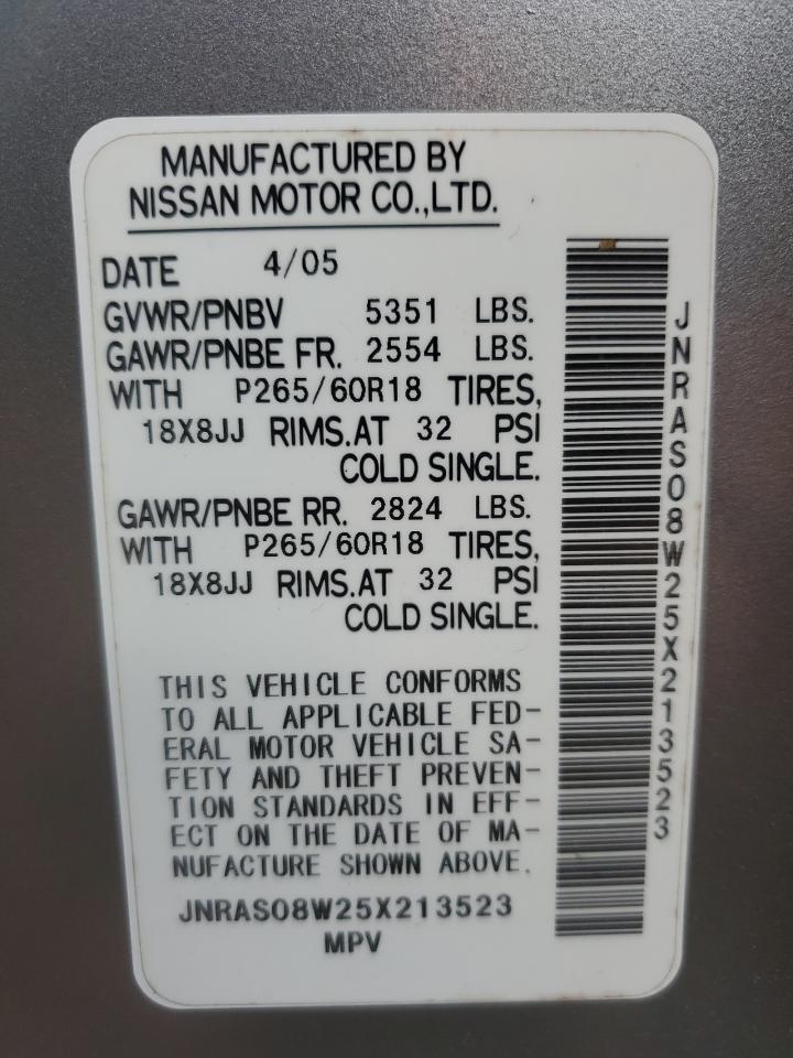 2005 Infiniti Fx35 VIN: JNRAS08W25X213523 Lot: 57257985