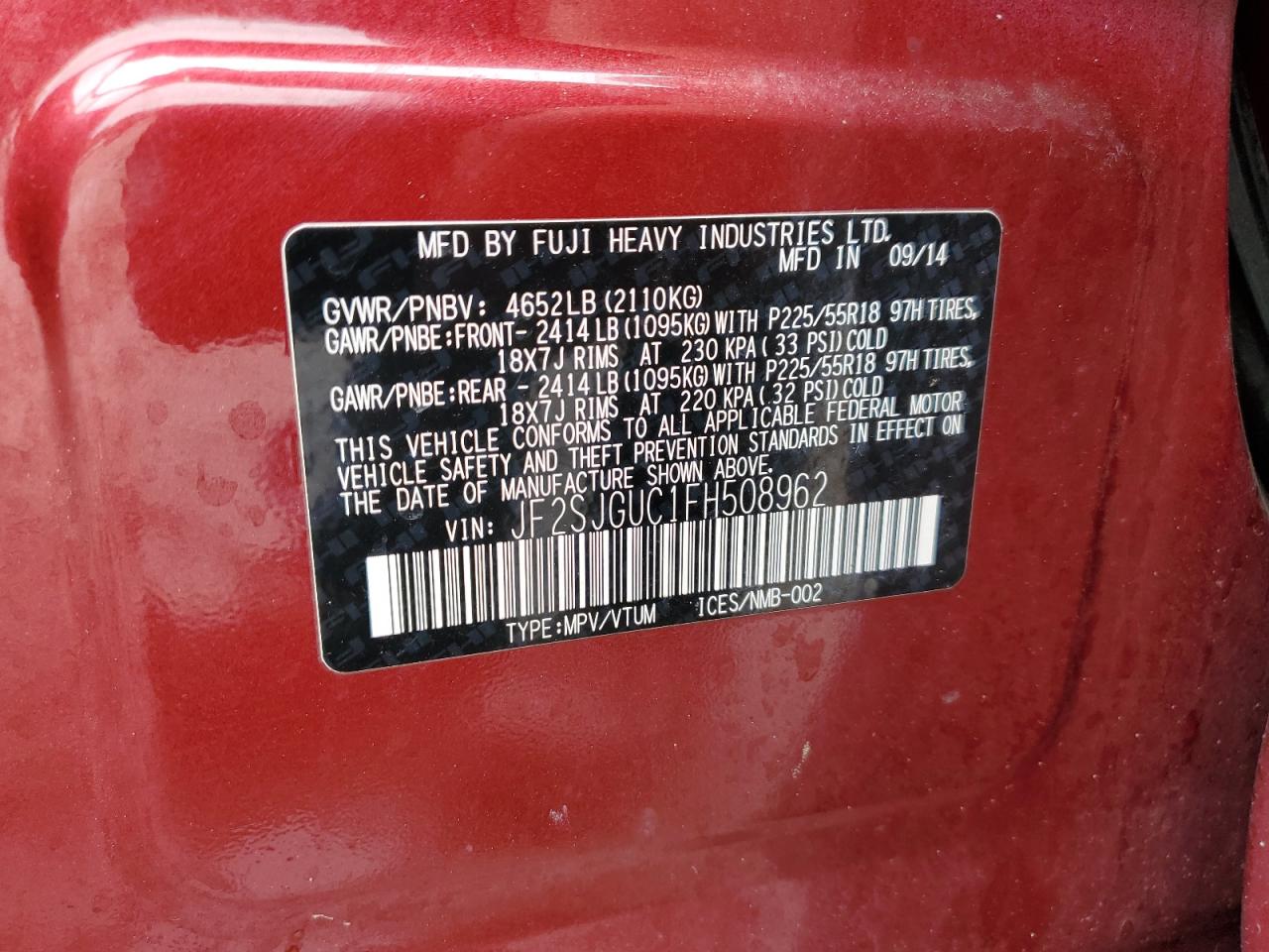 2015 Subaru Forester 2.0Xt Touring VIN: JF2SJGUC1FH508962 Lot: 56916805