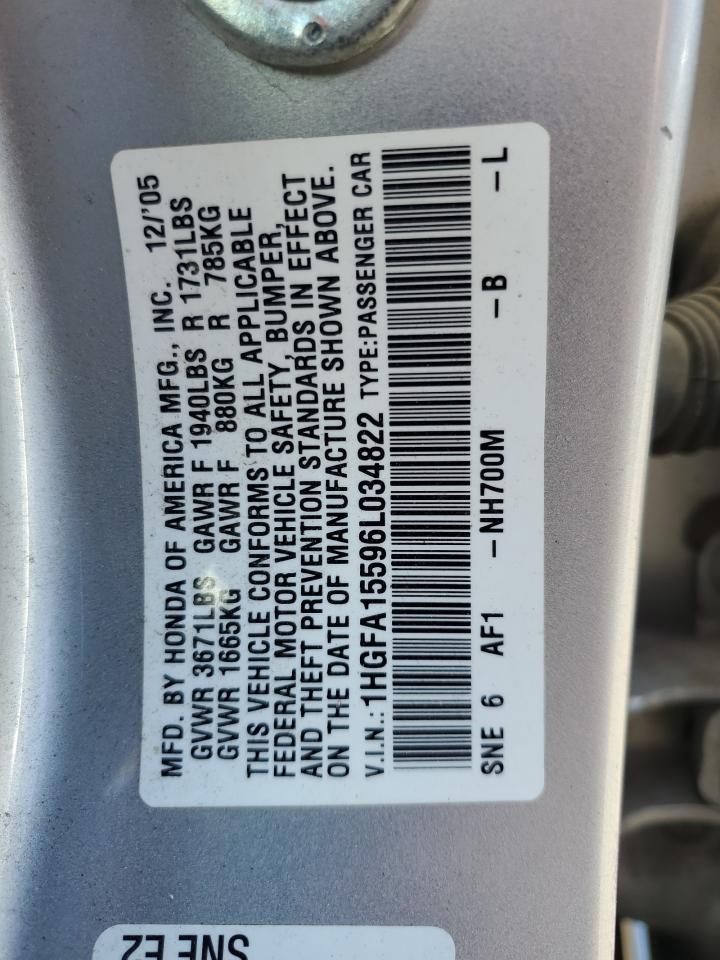 2006 Honda Civic Lx VIN: 1HGFA15596L034822 Lot: 57161615