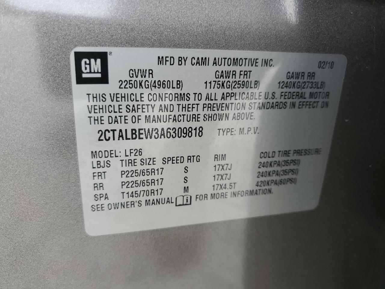 2010 GMC Terrain Sle VIN: 2CTALBEW3A6309818 Lot: 57127245