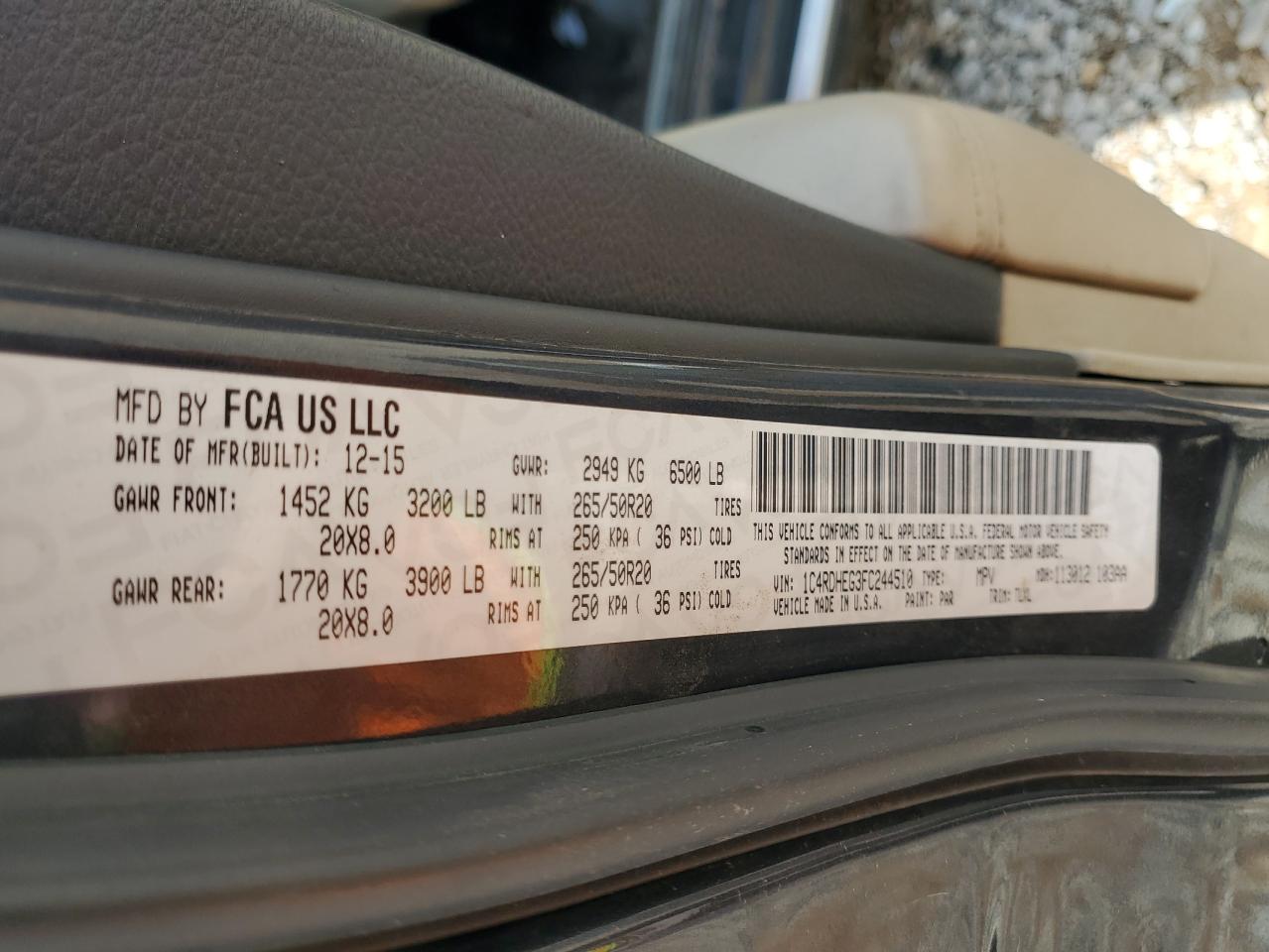 2015 Dodge Durango Citadel VIN: 1C4RDHEG3FC244510 Lot: 54839465