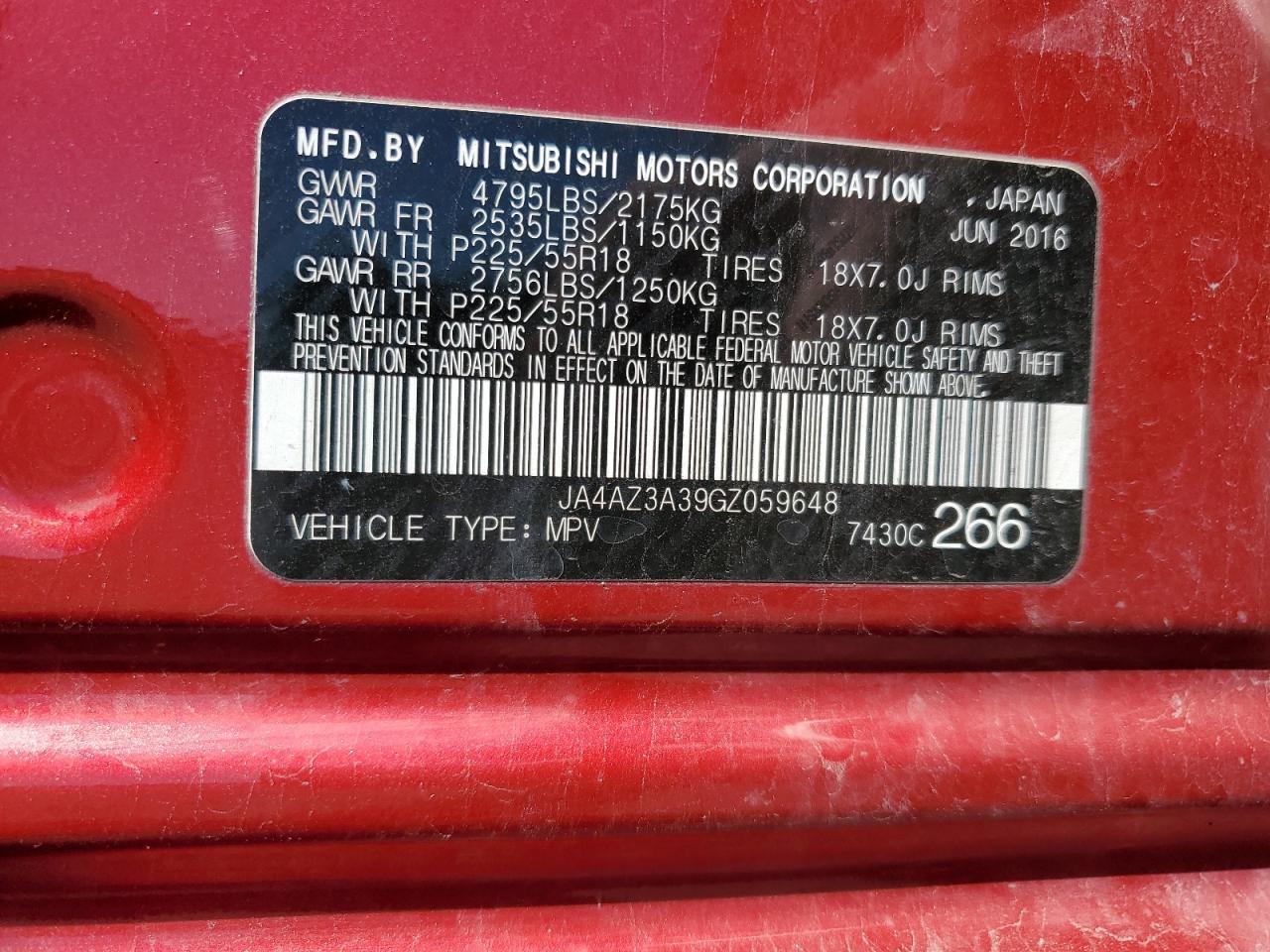 2016 Mitsubishi Outlander Se VIN: JA4AZ3A39GZ059648 Lot: 58944035