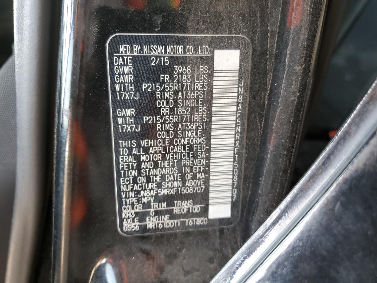 2015 Nissan Juke S VIN: JN8AF5MRXFT508707 Lot: 56315765