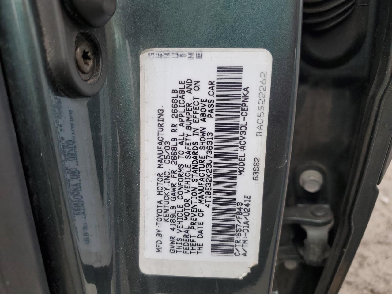 2003 Toyota Camry Le VIN: 4T1BE32K23U736313 Lot: 56417685