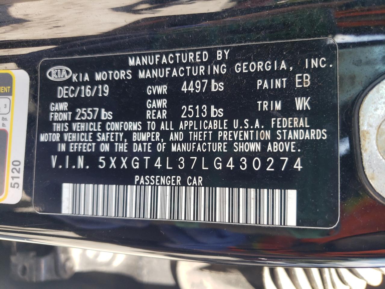 2020 Kia Optima Lx VIN: 5XXGT4L37LG430274 Lot: 56072945