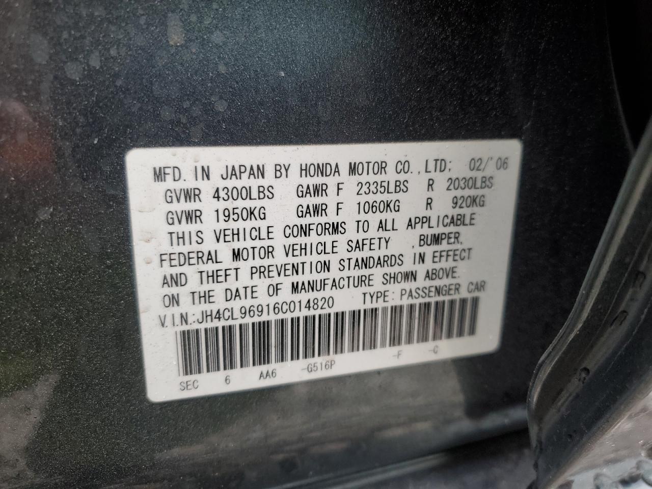 2006 Acura Tsx VIN: JH4CL96916C014820 Lot: 58334845