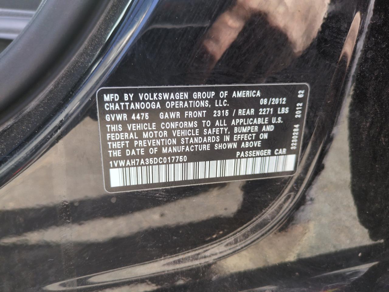 2013 Volkswagen Passat S VIN: 1VWAH7A35DC017750 Lot: 56030745