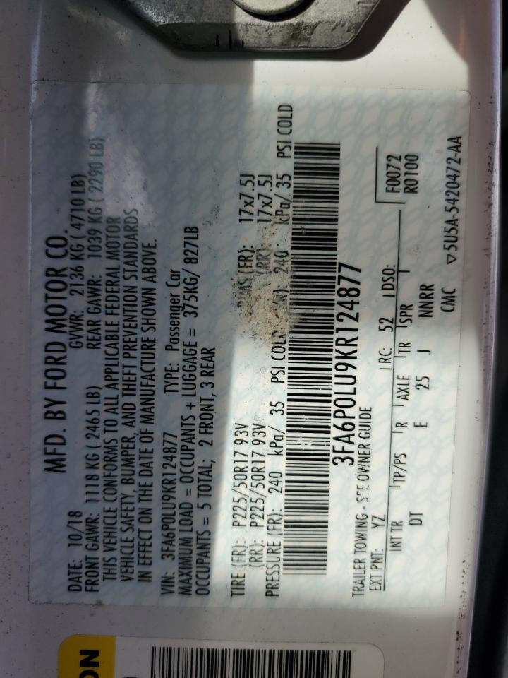 2019 Ford Fusion Se VIN: 3FA6P0LU9KR124877 Lot: 54027285