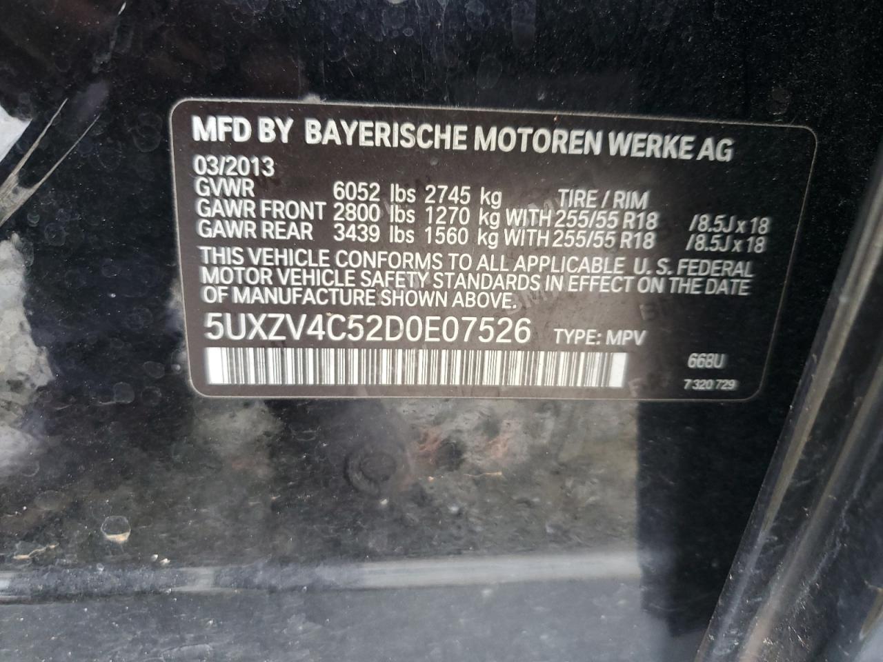 2013 BMW X5 xDrive35I VIN: 5UXZV4C52D0E07526 Lot: 55809075
