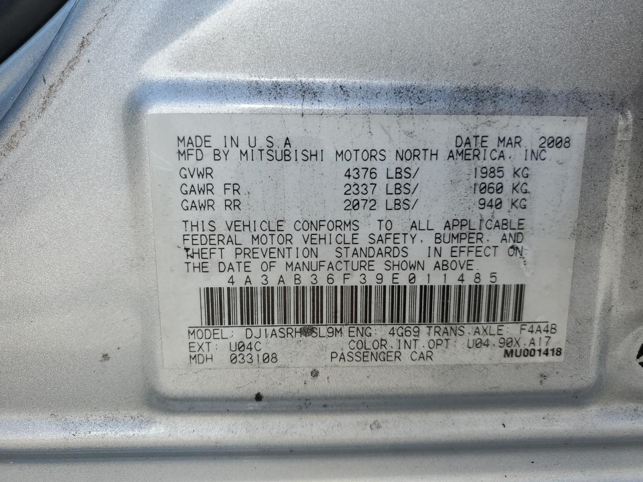 2009 Mitsubishi Galant Es VIN: 4A3AB36F39E011485 Lot: 56180235