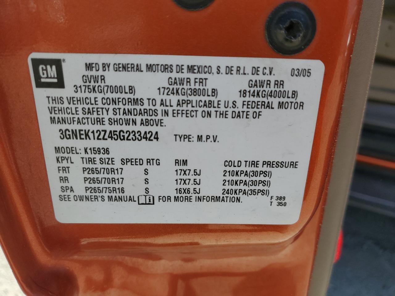 2005 Chevrolet Avalanche K1500 VIN: 3GNEK12Z45G233424 Lot: 58771865