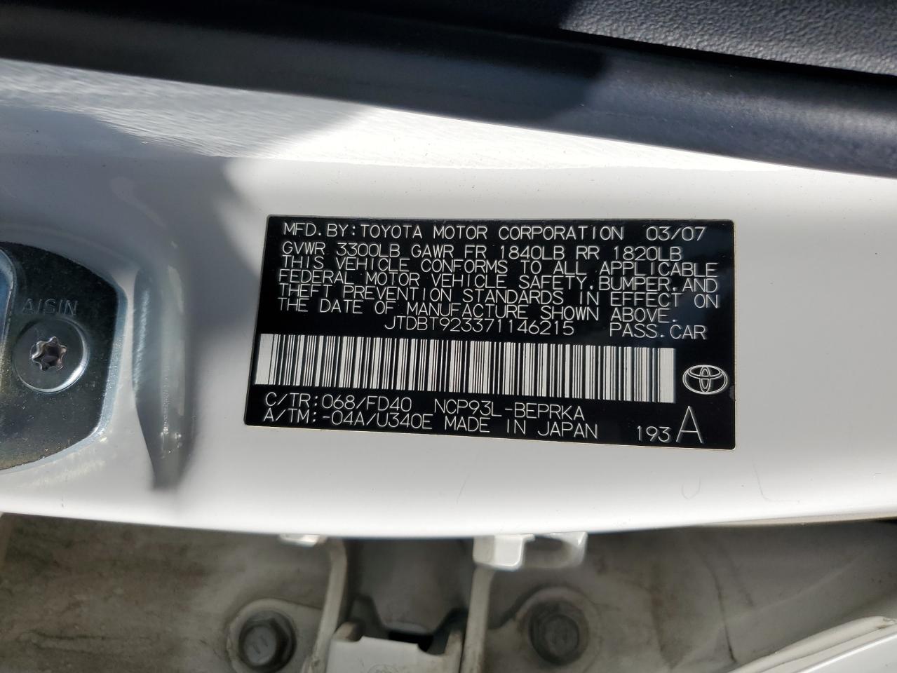 2007 Toyota Yaris VIN: JTDBT923371146215 Lot: 56696465