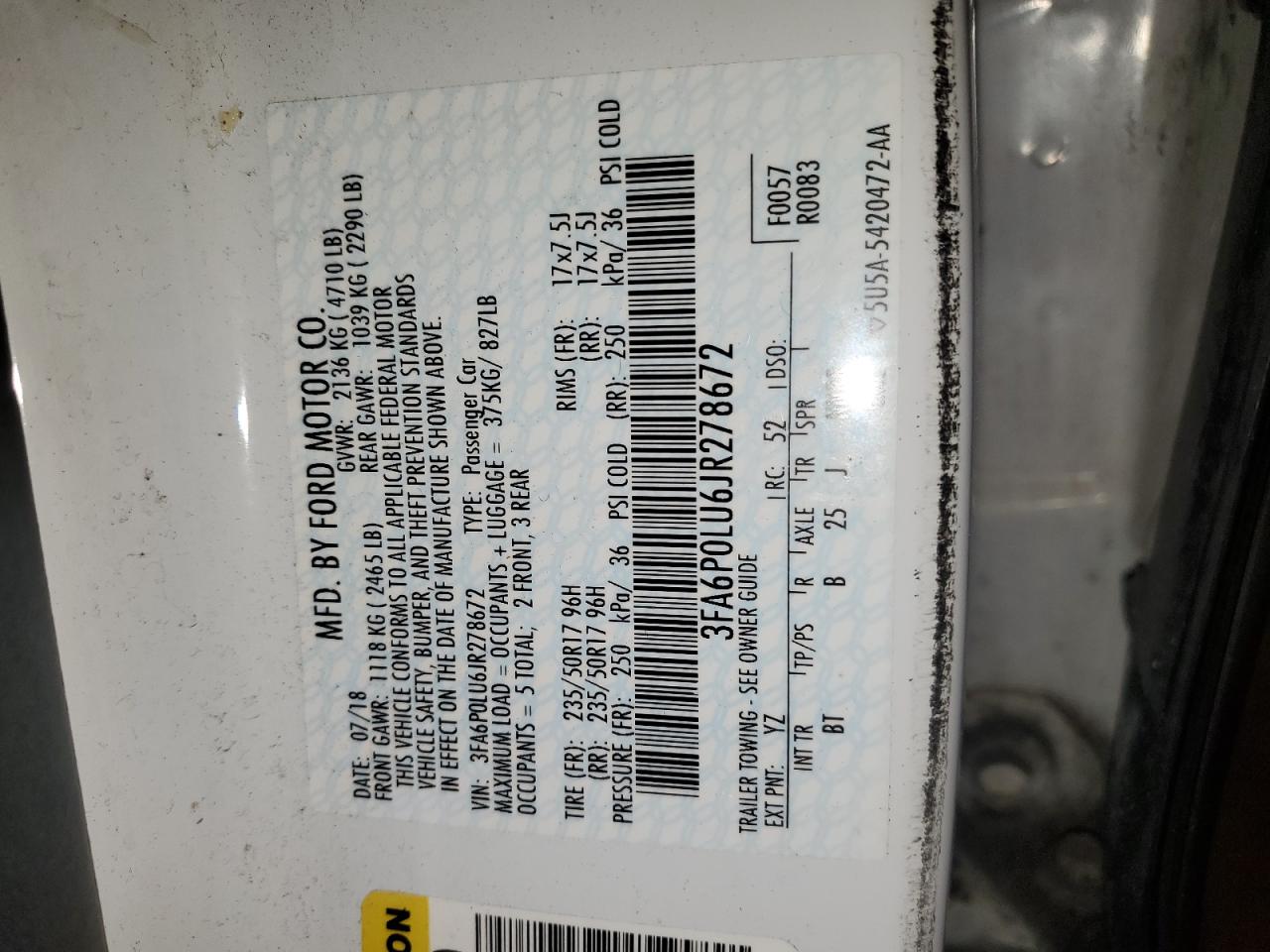 2018 Ford Fusion Se Hybrid VIN: 3FA6P0LU6JR278672 Lot: 55084795