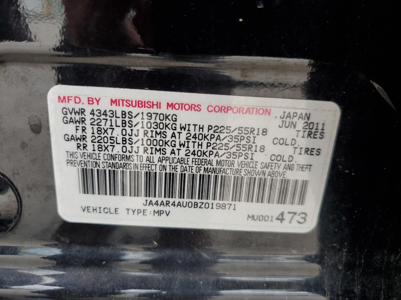 2011 Mitsubishi Outlander Sport Se VIN: JA4AR4AU0BZ019871 Lot: 55391265
