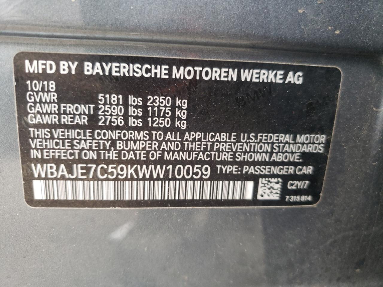 2019 BMW 540 Xi VIN: WBAJE7C59KWW10059 Lot: 56929205