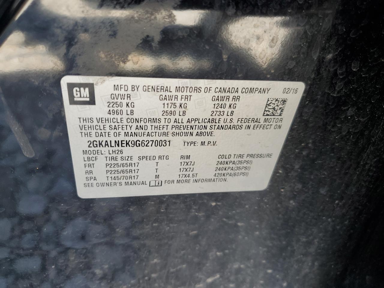 2016 GMC Terrain Sle VIN: 2GKALNEK9G6270031 Lot: 57217635
