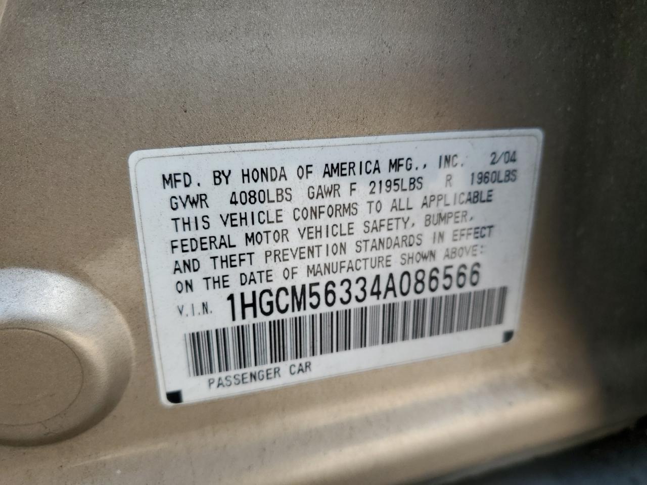 2004 Honda Accord Lx VIN: 1HGCM56334A086566 Lot: 55880095