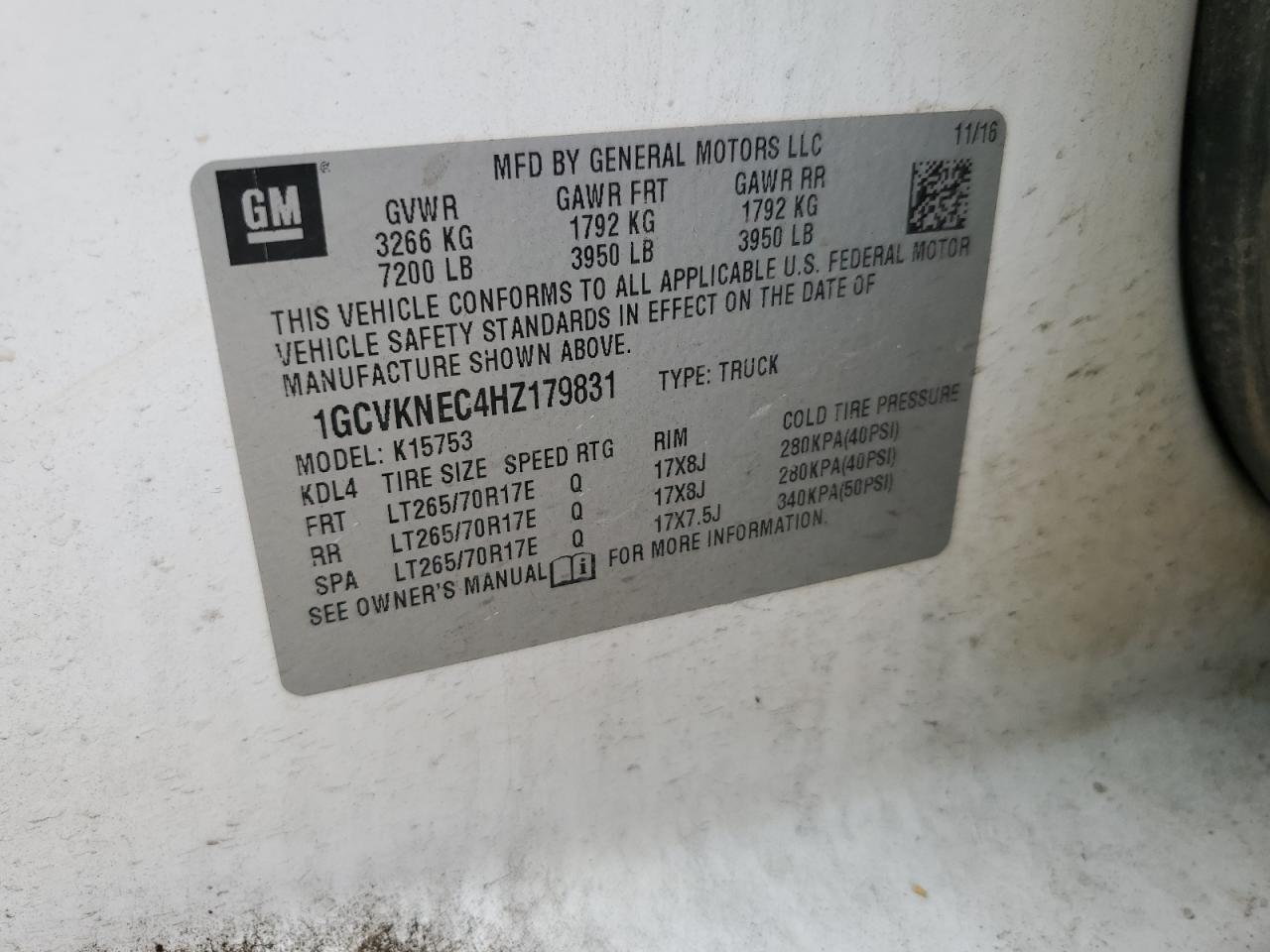 2017 Chevrolet Silverado K1500 VIN: 1GCVKNEC4HZ179831 Lot: 58491495