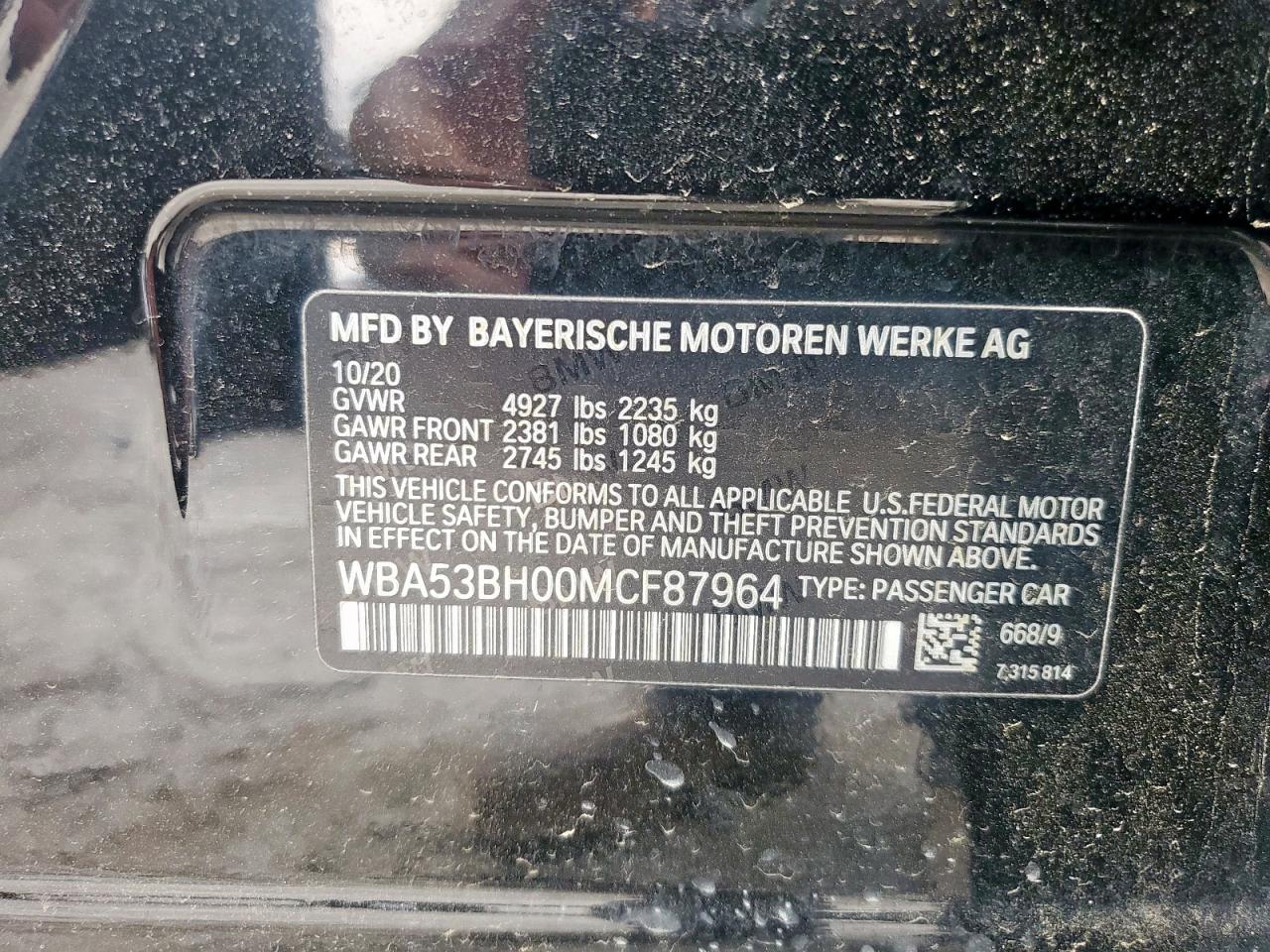 2021 BMW 530 I VIN: WBA53BH00MCF87964 Lot: 55926825