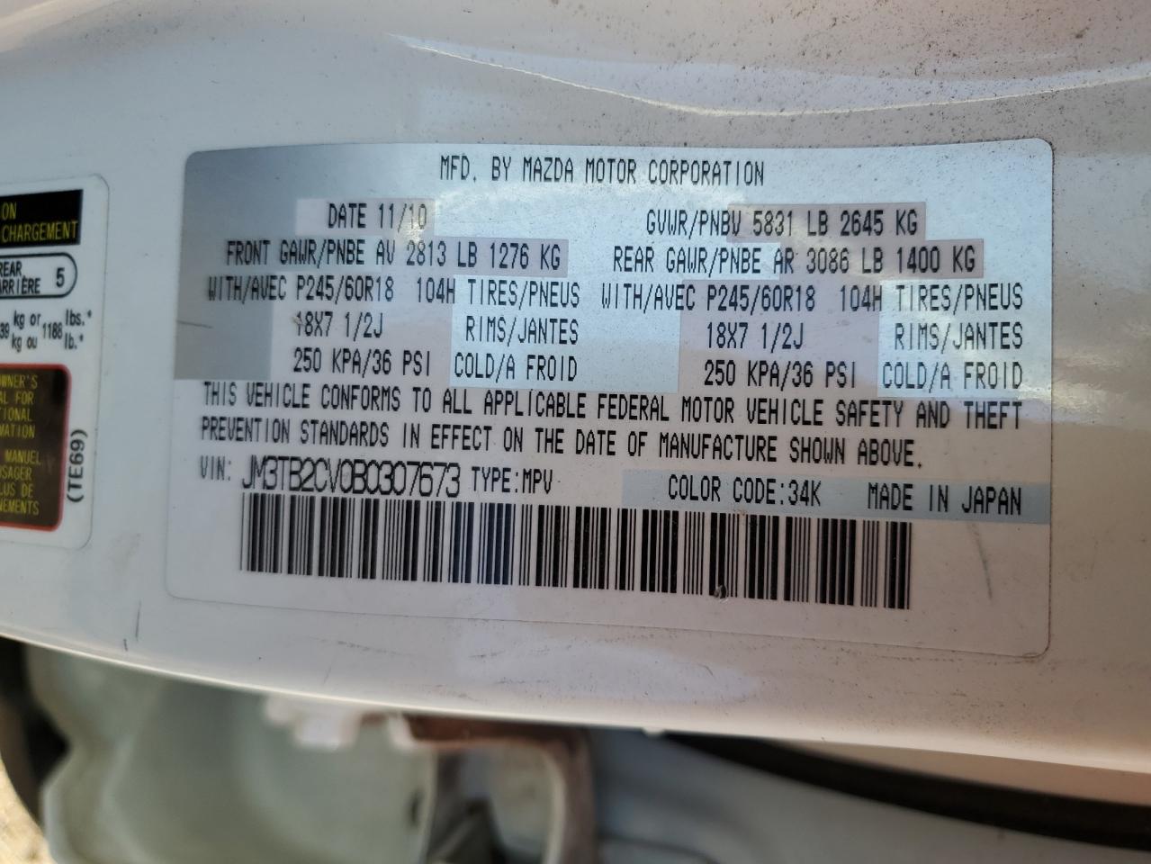 2011 Mazda Cx-9 VIN: JM3TB2CV0B0307673 Lot: 57266305