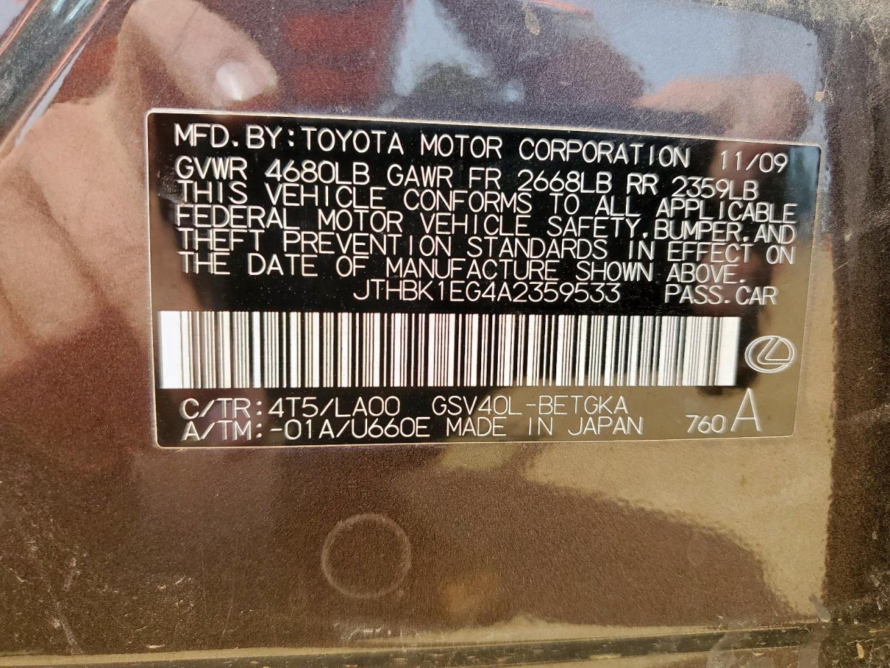 2010 Lexus Es 350 VIN: JTHBK1EG4A2359533 Lot: 56666435