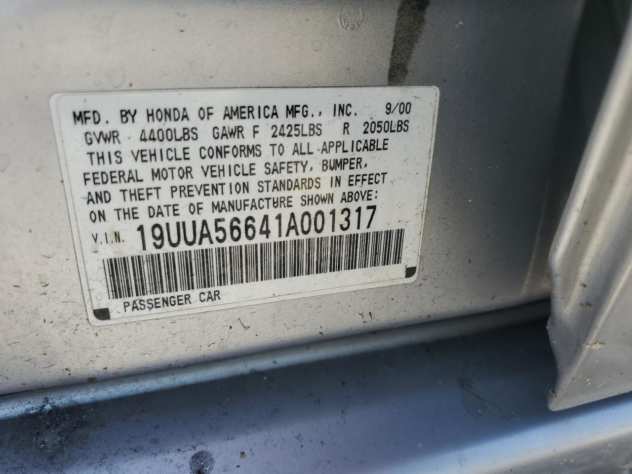 2001 Acura 3.2Tl VIN: 19UUA56641A001317 Lot: 57213795