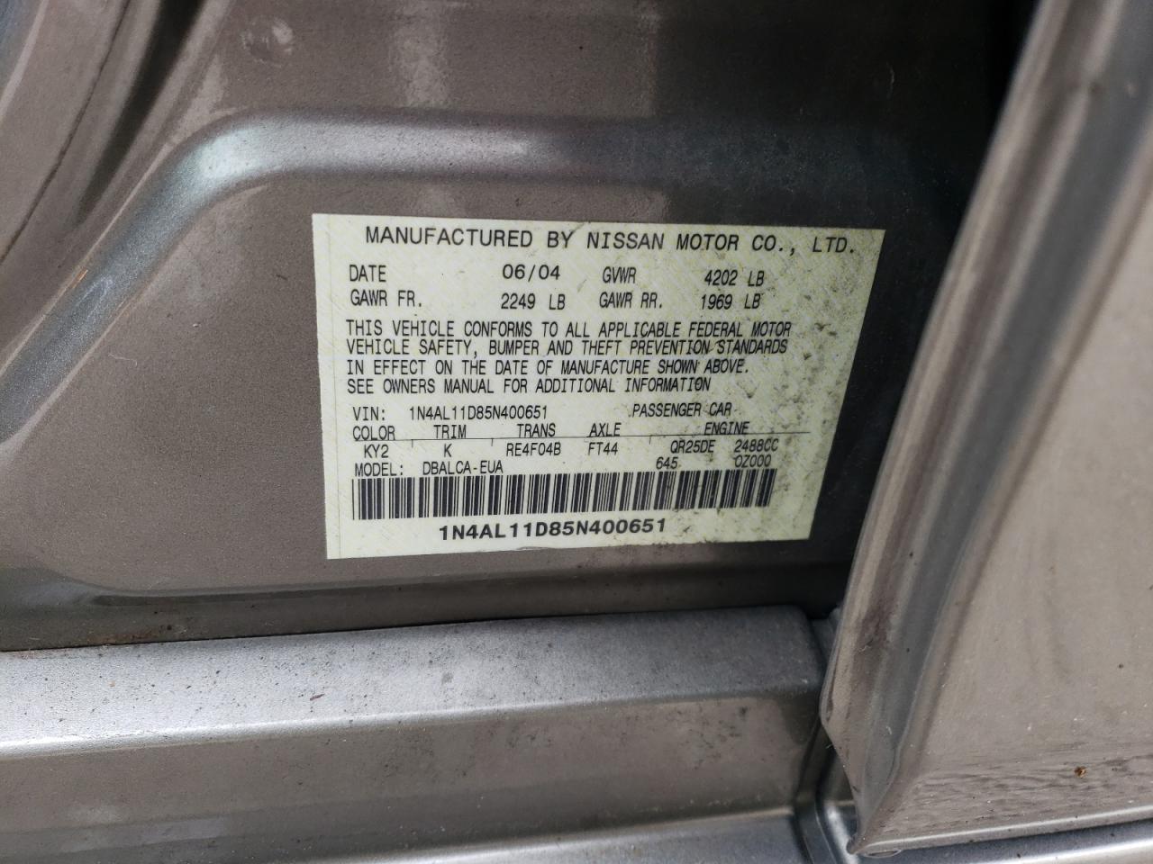 2005 Nissan Altima S VIN: 1N4AL11D85N400651 Lot: 56985505