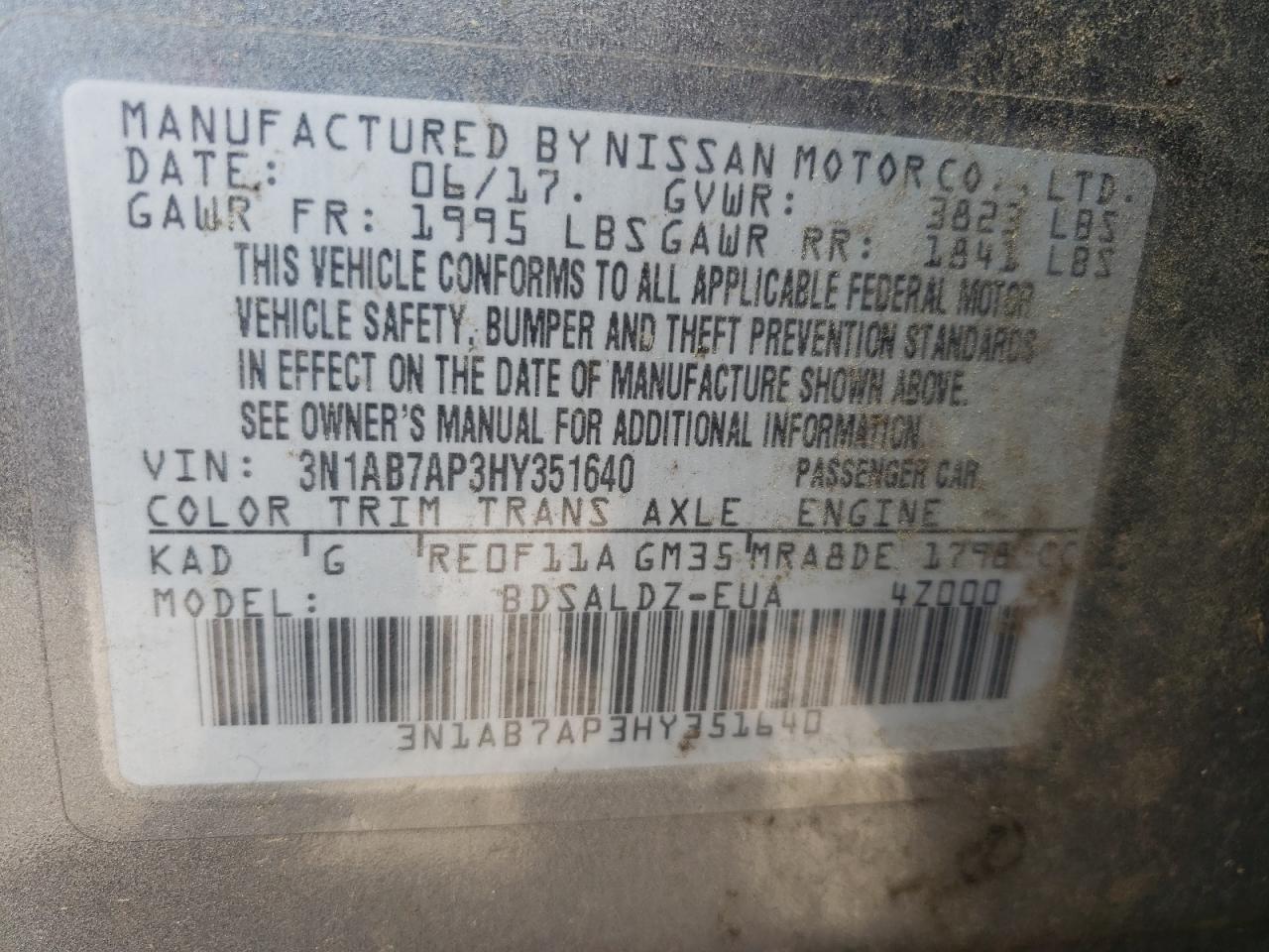 3N1AB7AP3HY351640 NISSAN SENTRA 2017